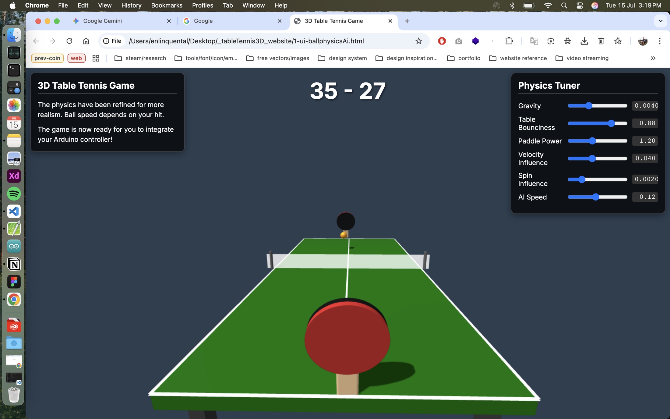 3D Table Tennis — early physics tuner session