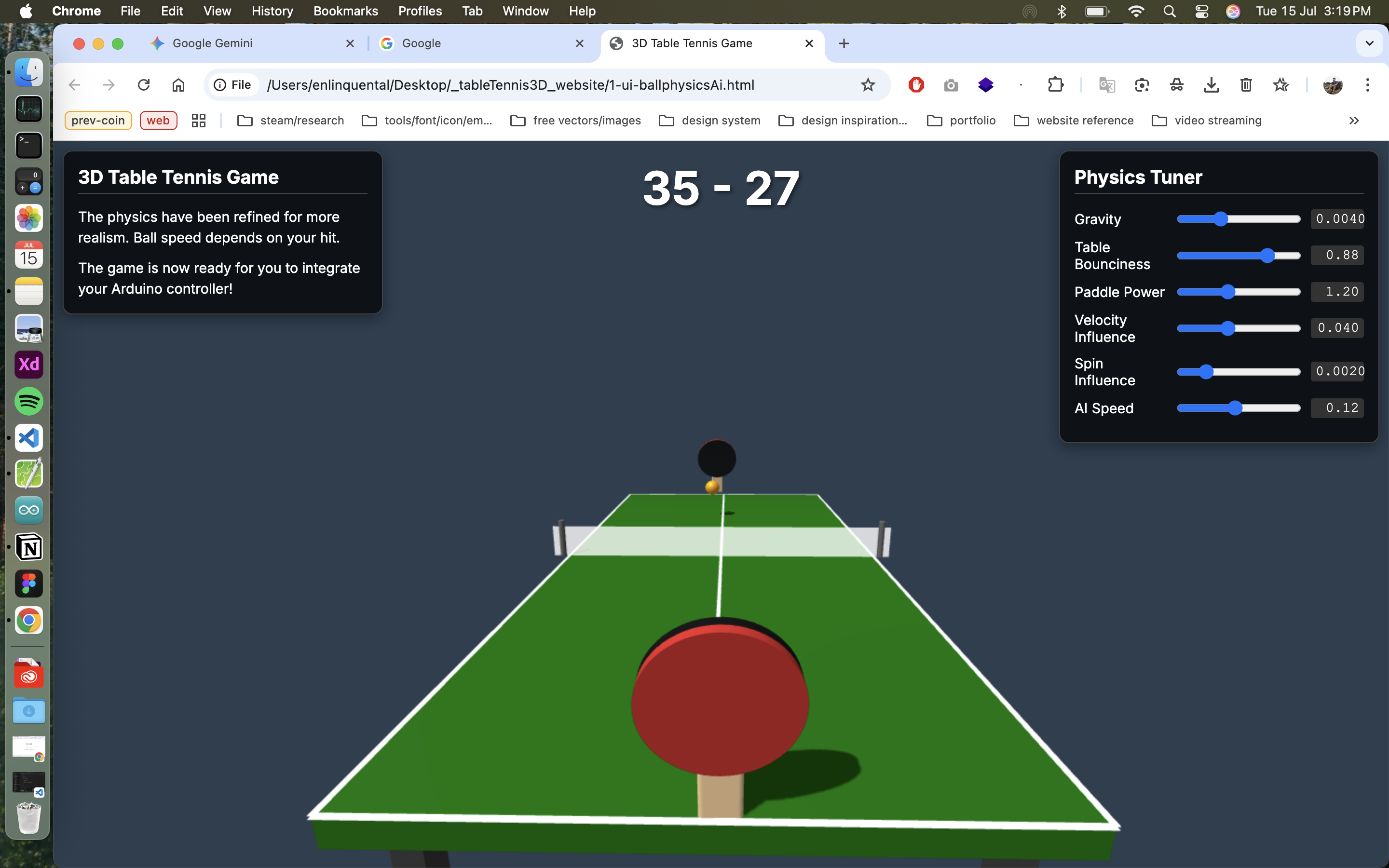 3D Table Tennis — early physics tuner session