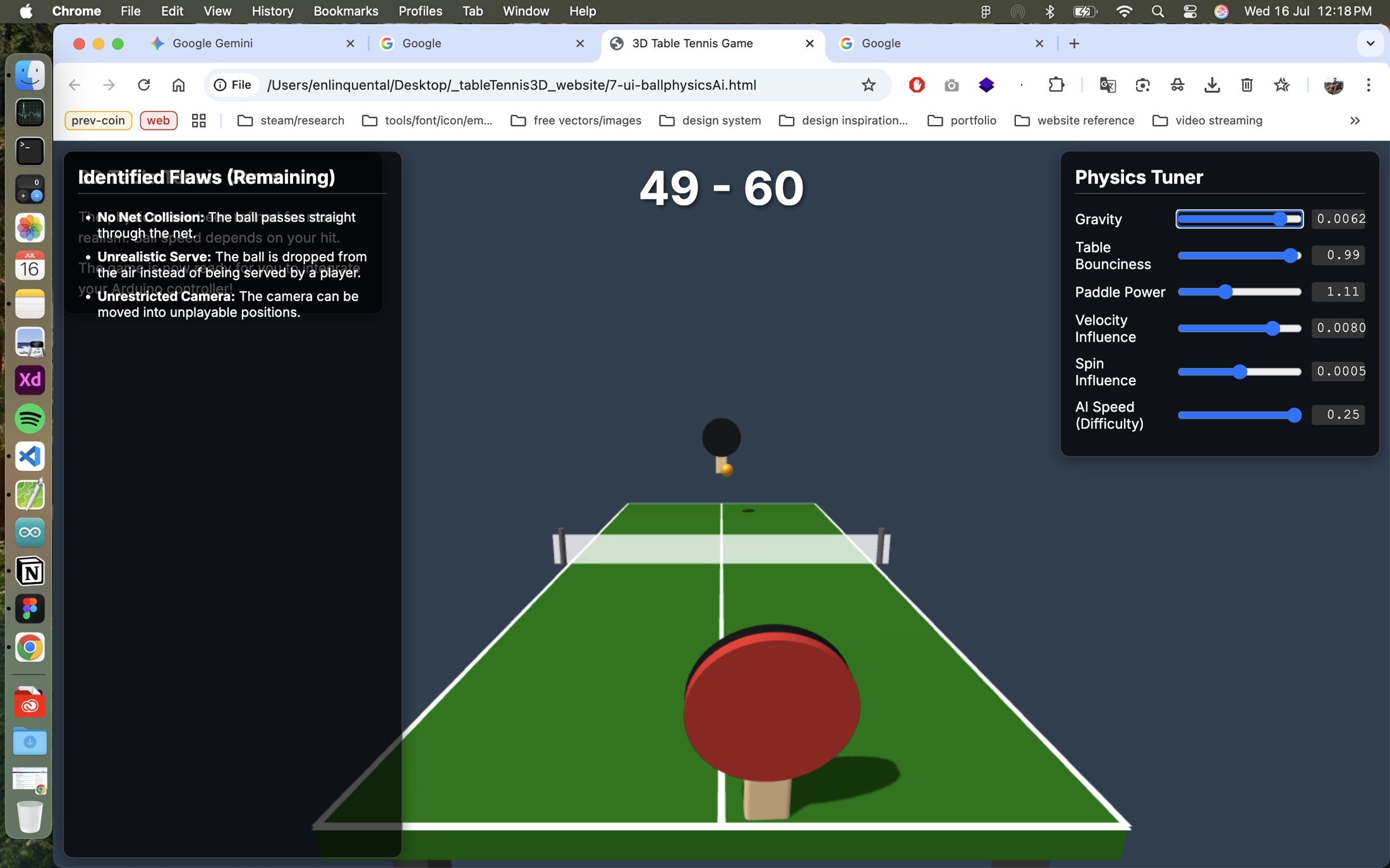 3D Table Tennis — identified flaws panel