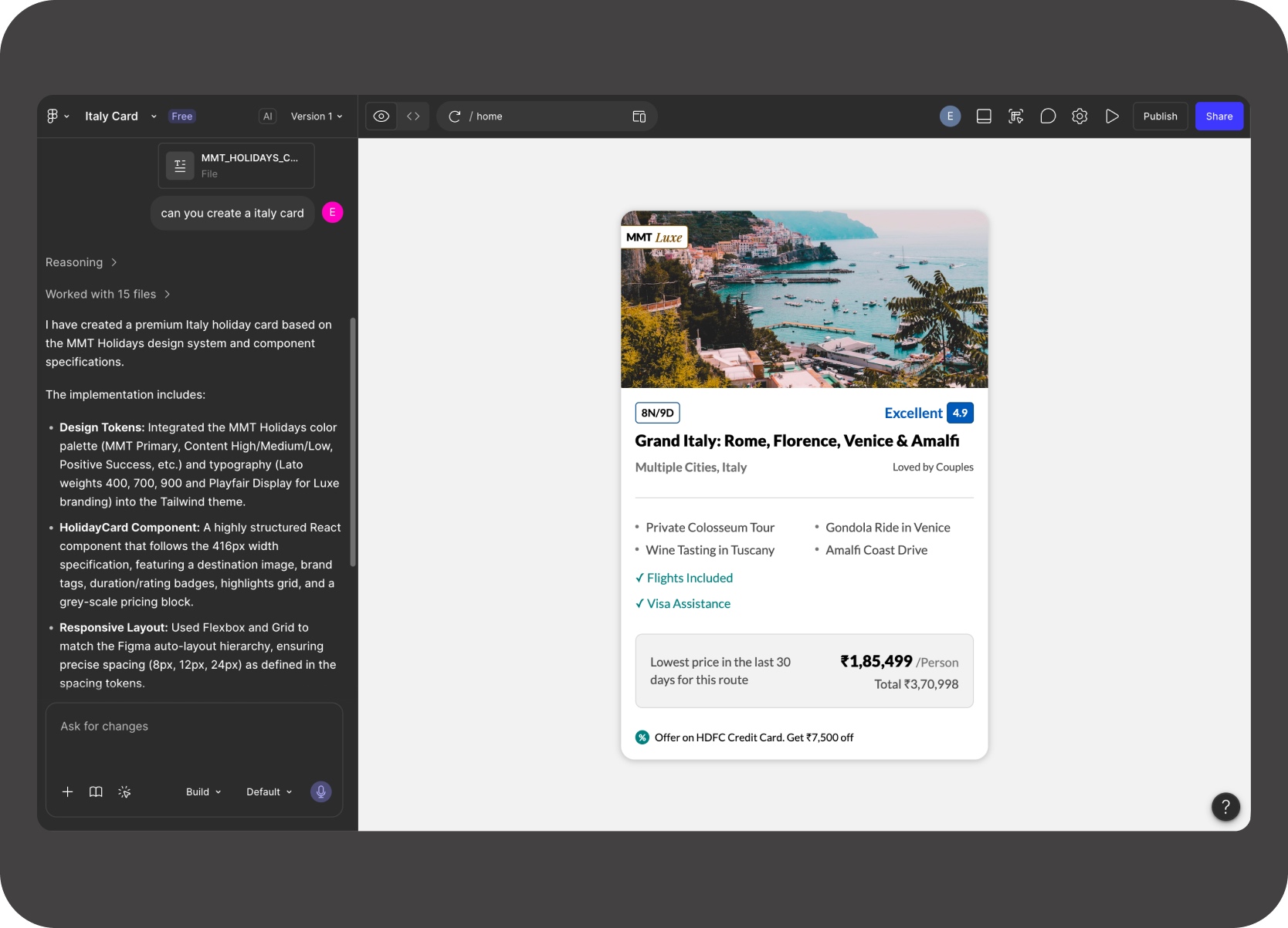 Figma Make generating an MMT Holidays Italy card from the design-system documentation