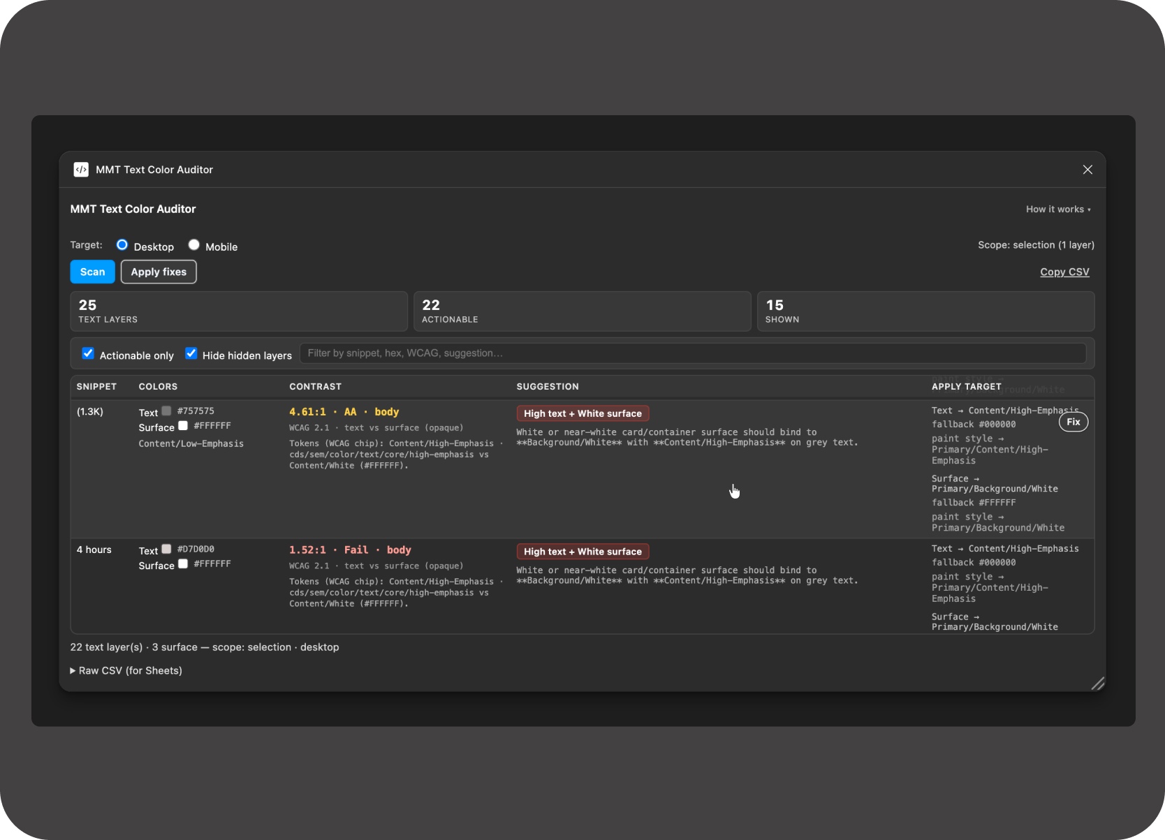 Plugin scan table showing audit rows, issue details, and review columns
