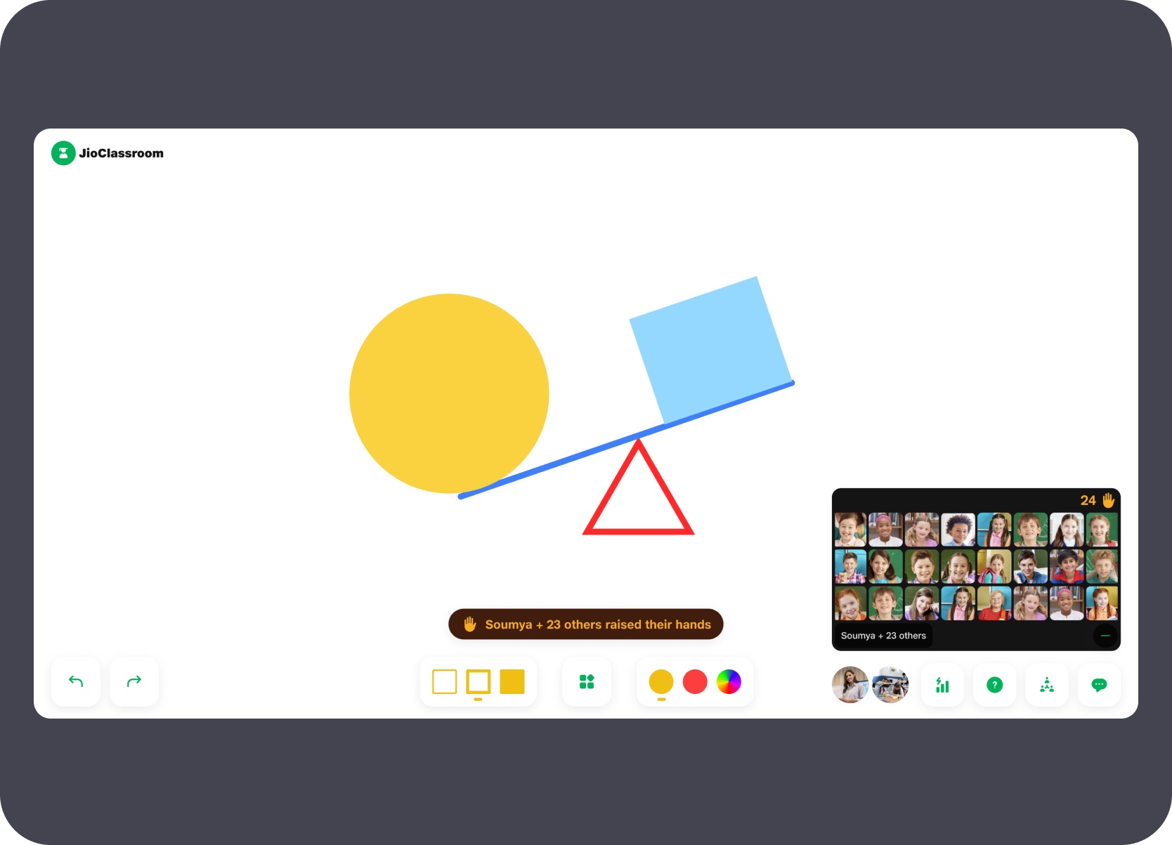 Raise-hand notification strip and student thumbnail grid during live class