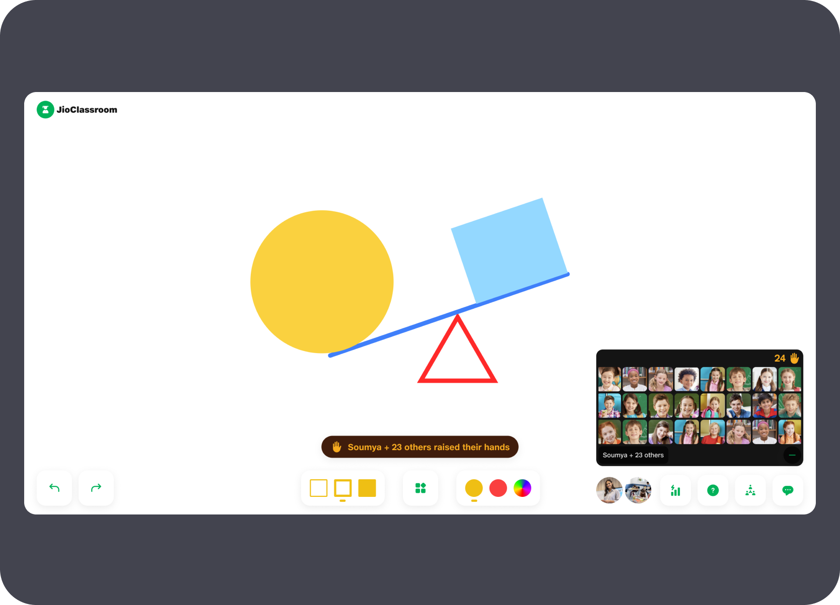 Raise-hand notification strip and student thumbnail grid during live class