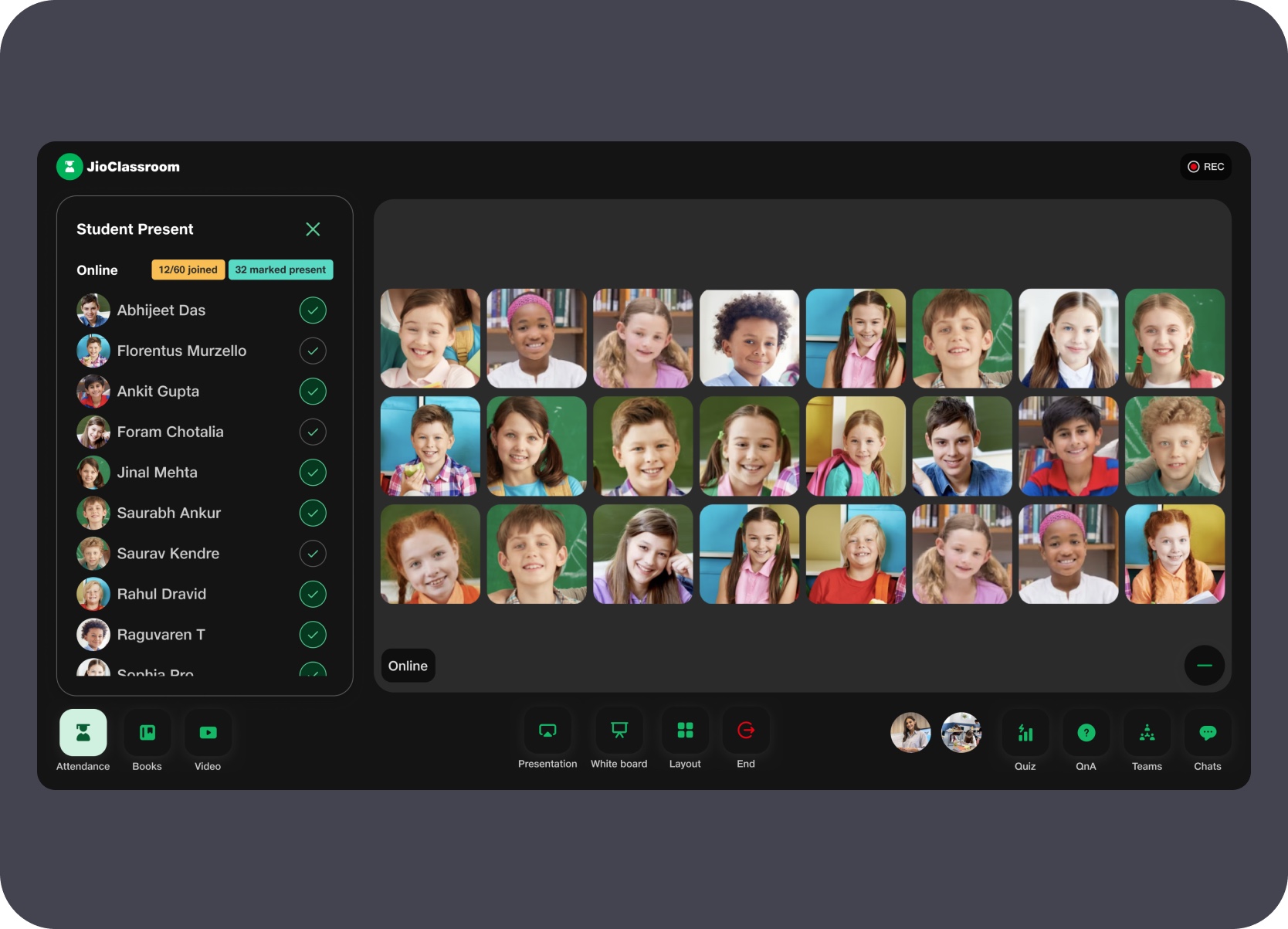 Student presence panel with attendance list and video grid