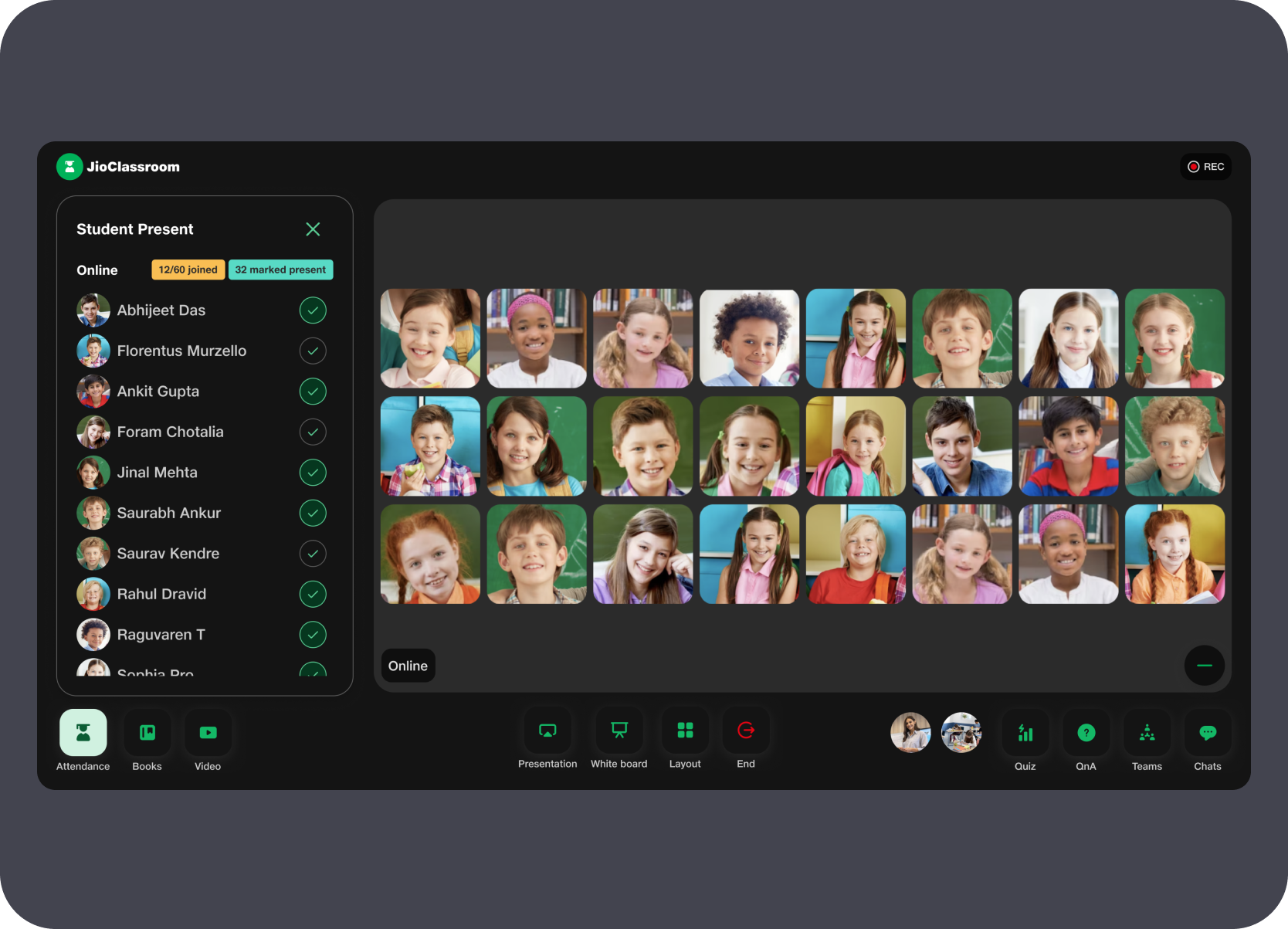 Student presence panel with attendance list and video grid