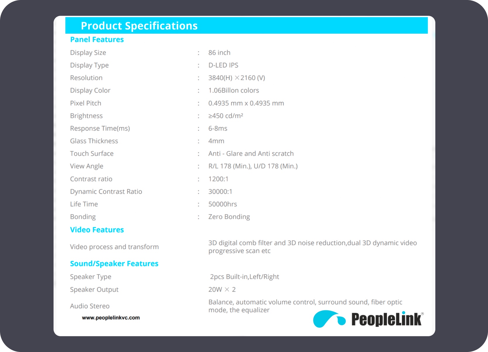 PeopleLink interactive display specification sheet referenced during the McJio TV demonstration