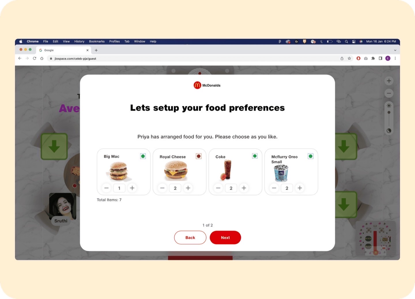 Food ordering for virtual guests