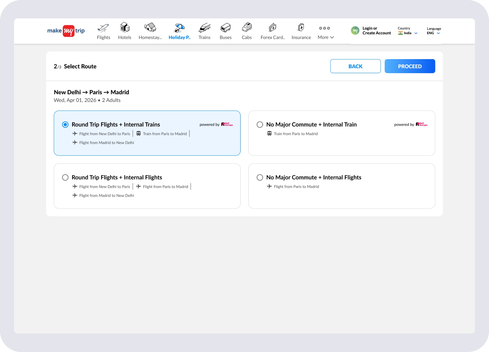 HE DIY Select Route step showing Round Trip Flights plus Internal Trains option selected