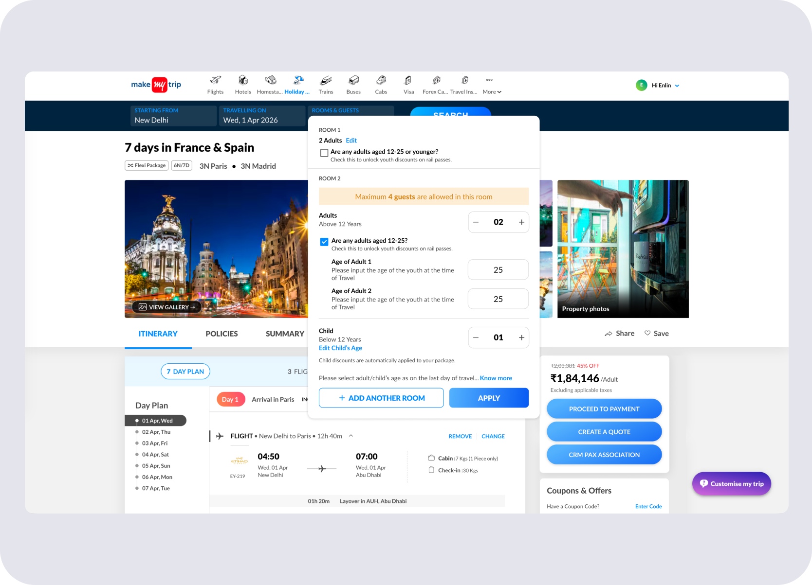 New Rooms and Guests experience on the recommended package showing youth age discounting because system knows it includes European rail transfers