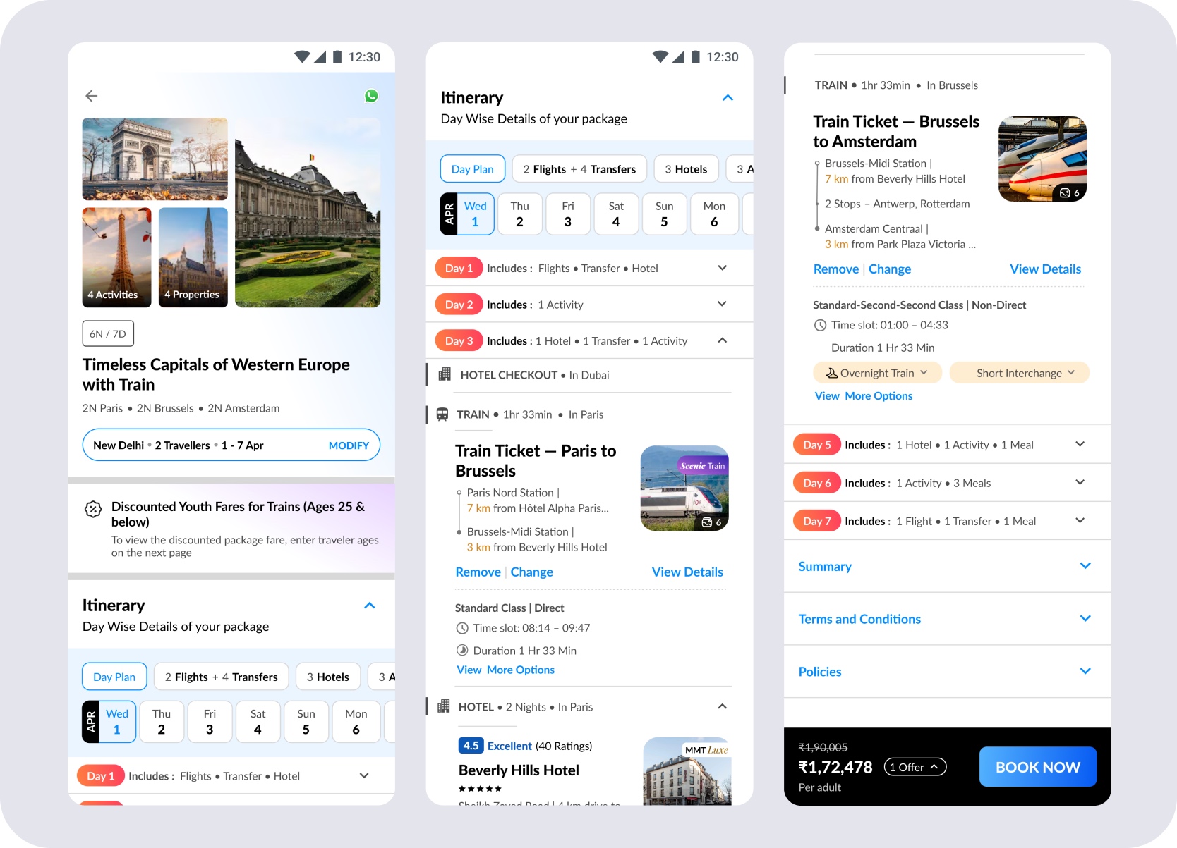 Mobile package flow with rail continuity across itinerary and transfer views