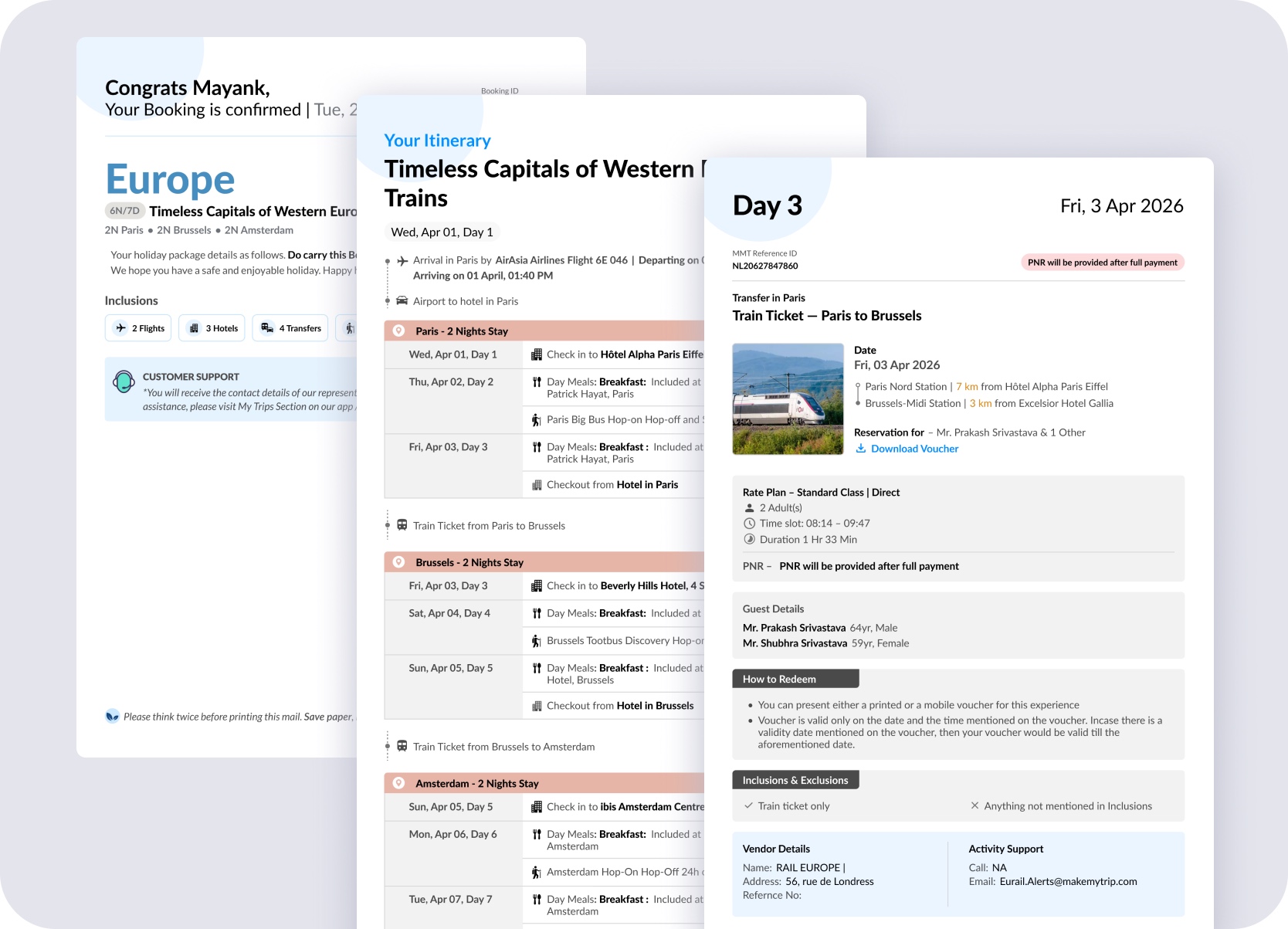Rail component across booking confirmation, itinerary, and day-detail post-sales surfaces