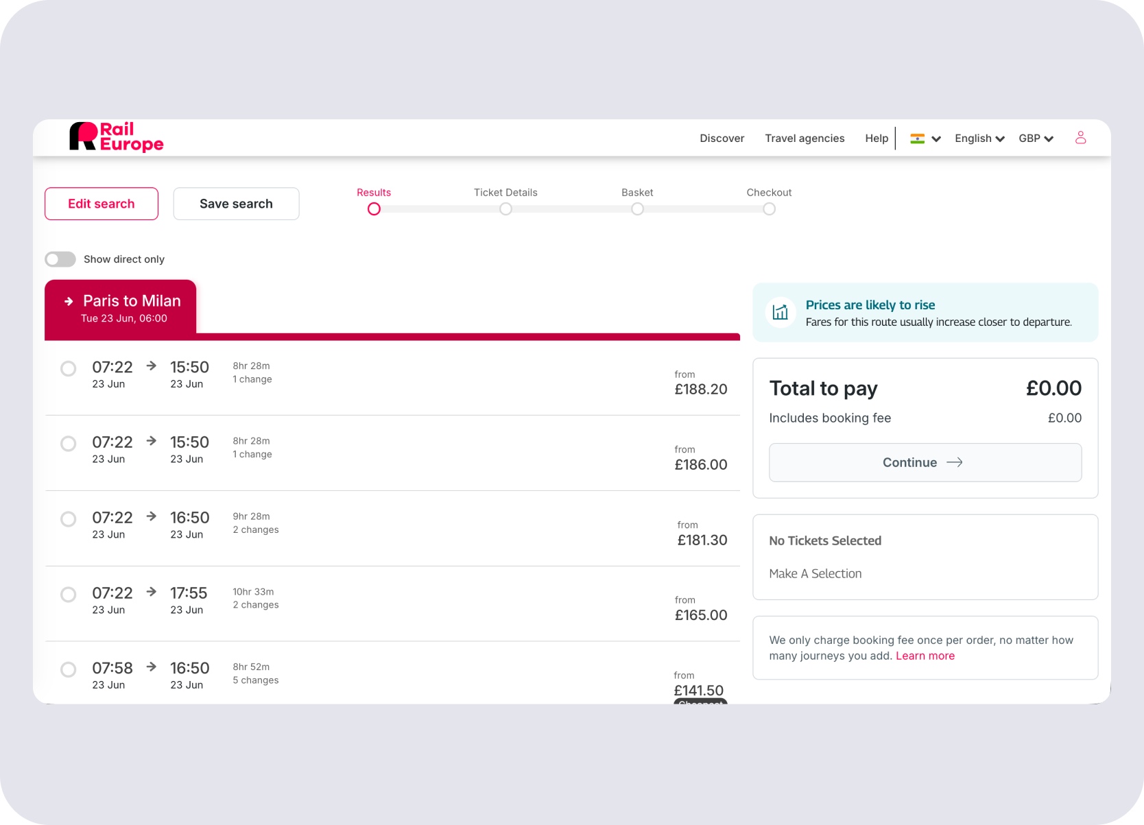 Rail Europe results list with dynamic prices, departures, journey details, and checkout state