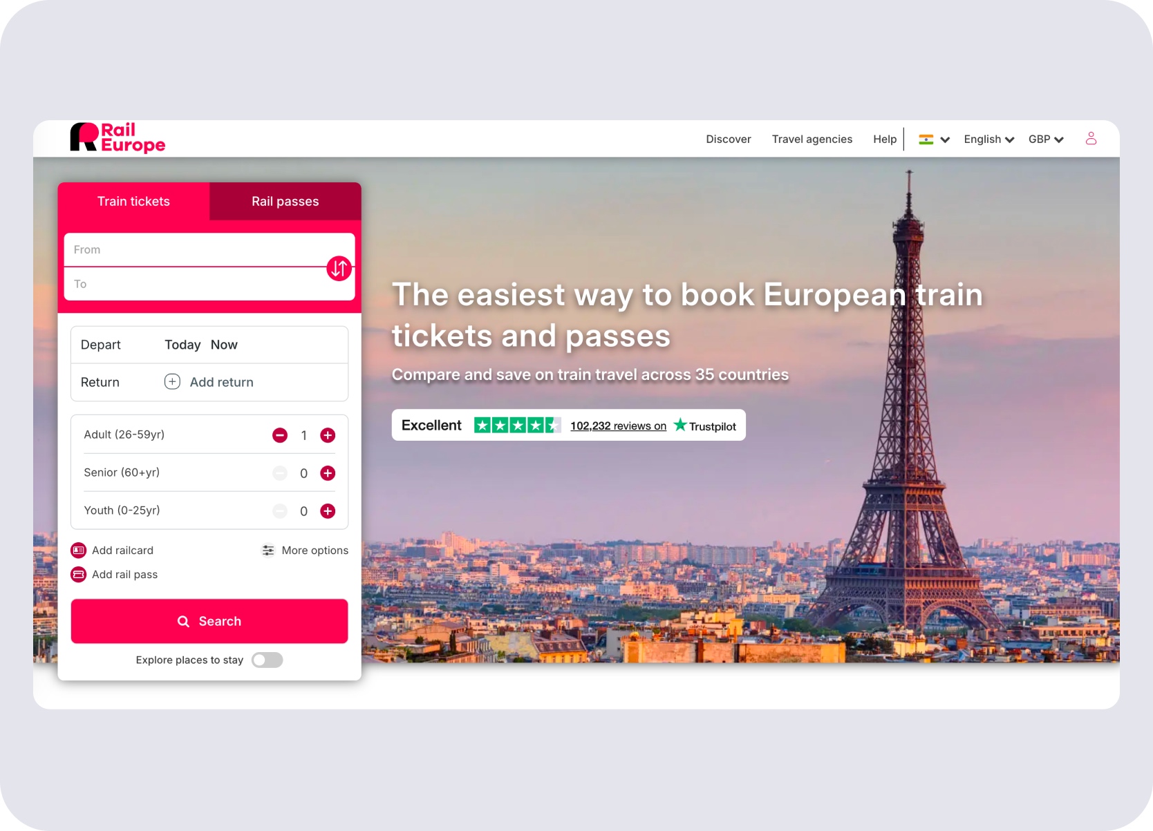 Rail Europe search widget showing train tickets, rail passes, and passenger category inputs