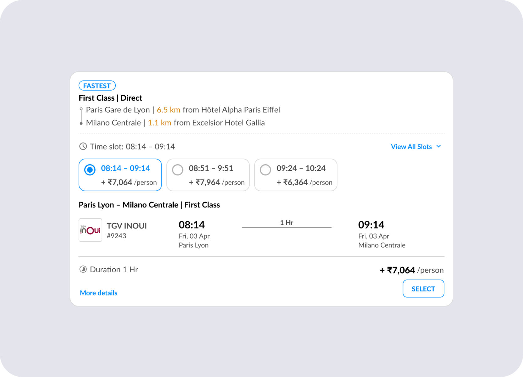 Direct journey comparison card showing selectable time slots, price deltas, and expanded journey details