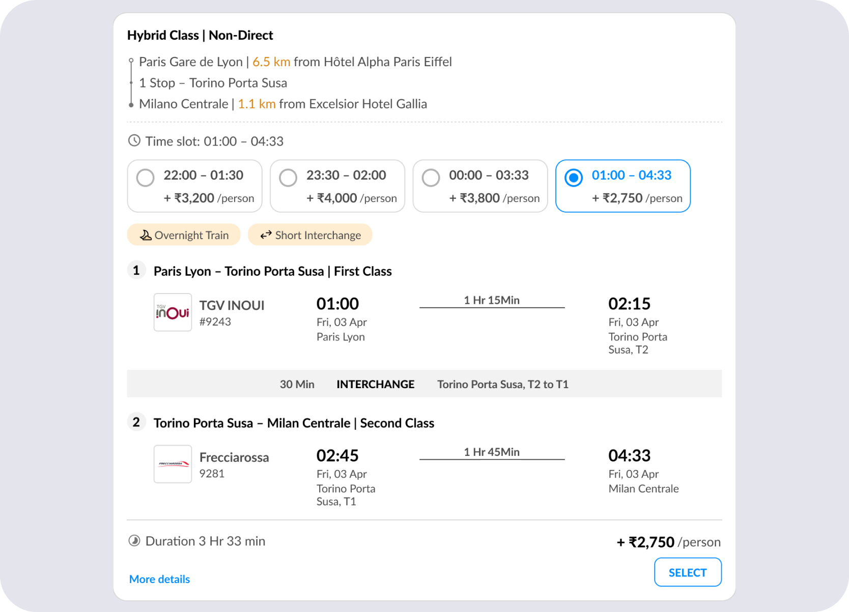 Hybrid-class journey card showing first-class and second-class legs across one route