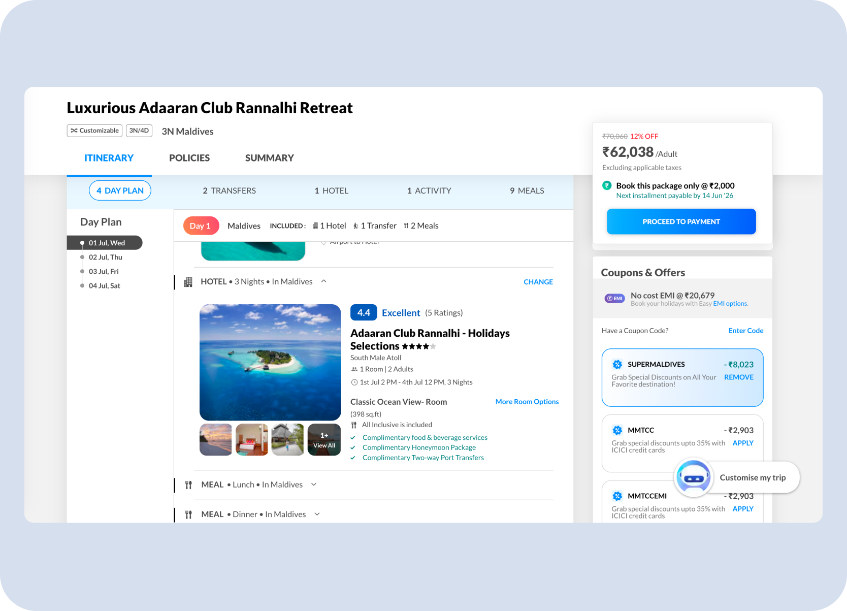 Existing Holidays package and hotel context