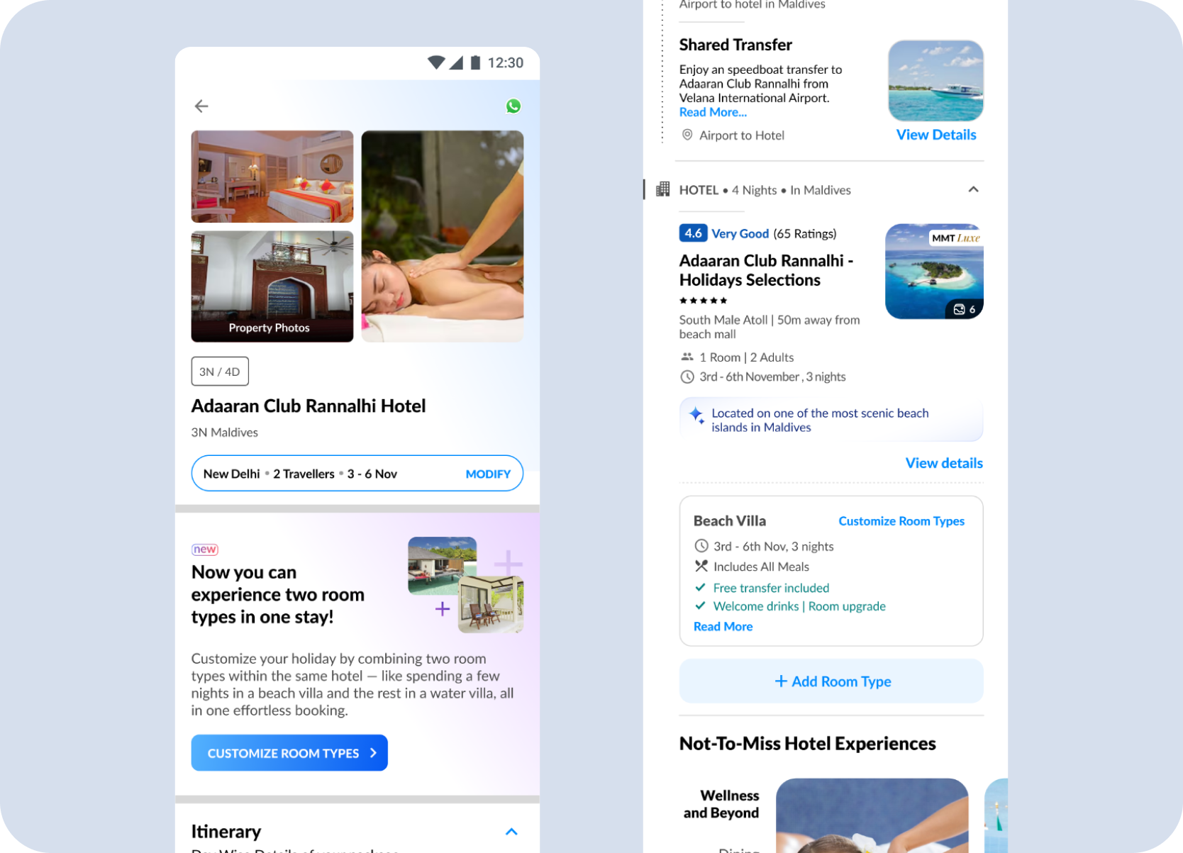 Mobile entry points for Split Stay on the package page and hotel block