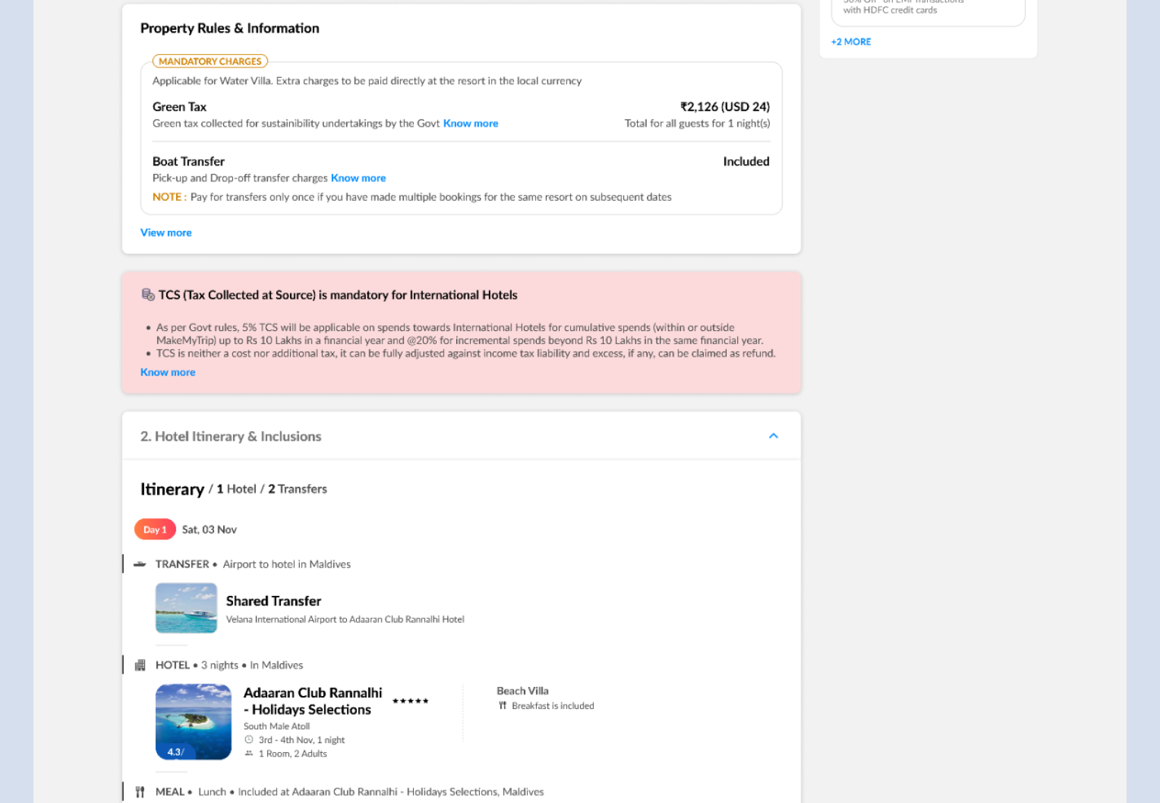 Split Stay payment page — mandatory charges and inclusions