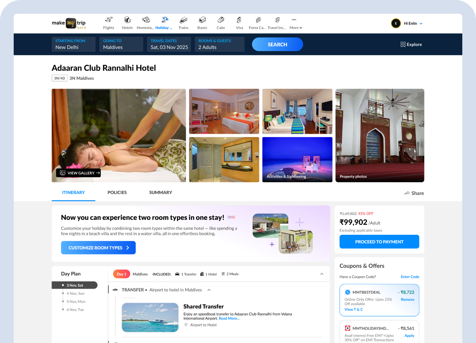 Split Stay itinerary — day-wise room sequence