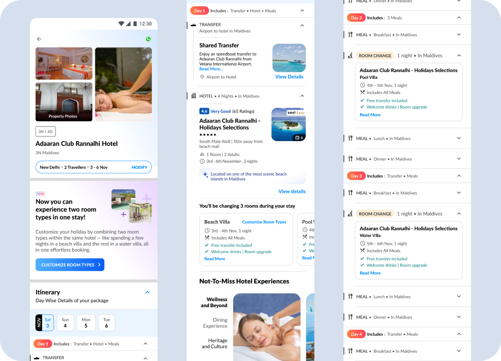 Split Stay review on mobile — room sequence, charges, and booking summary
