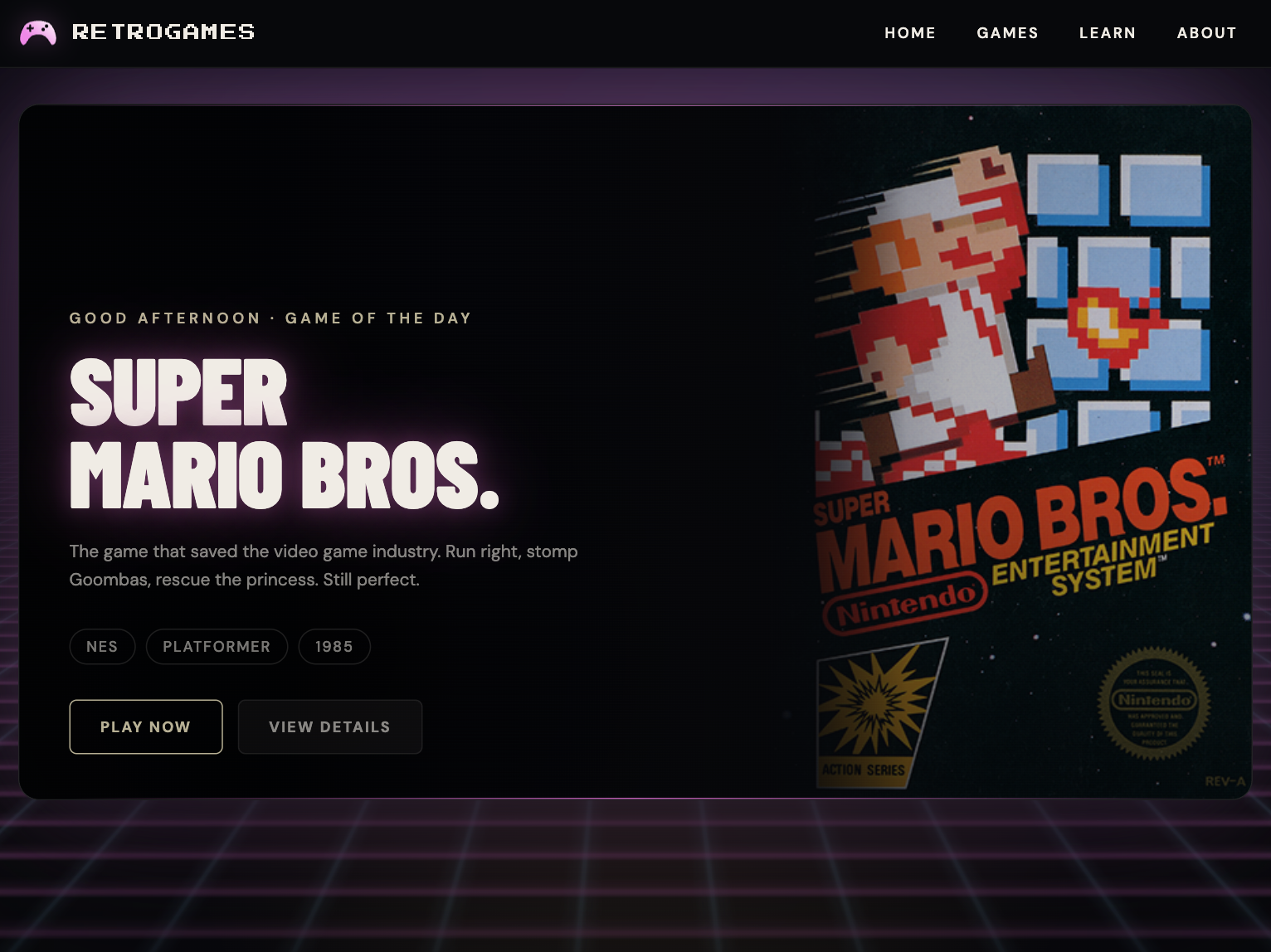RetroGames cinematic homepage with a featured Super Mario Bros. game-of-the-day stage